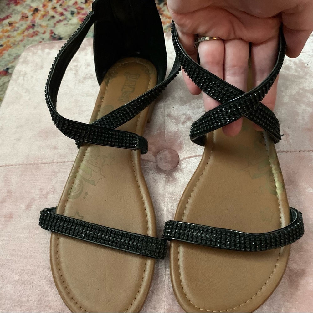 Black Patent and Beaded X-Strap Sandals, Zipper in back size 9